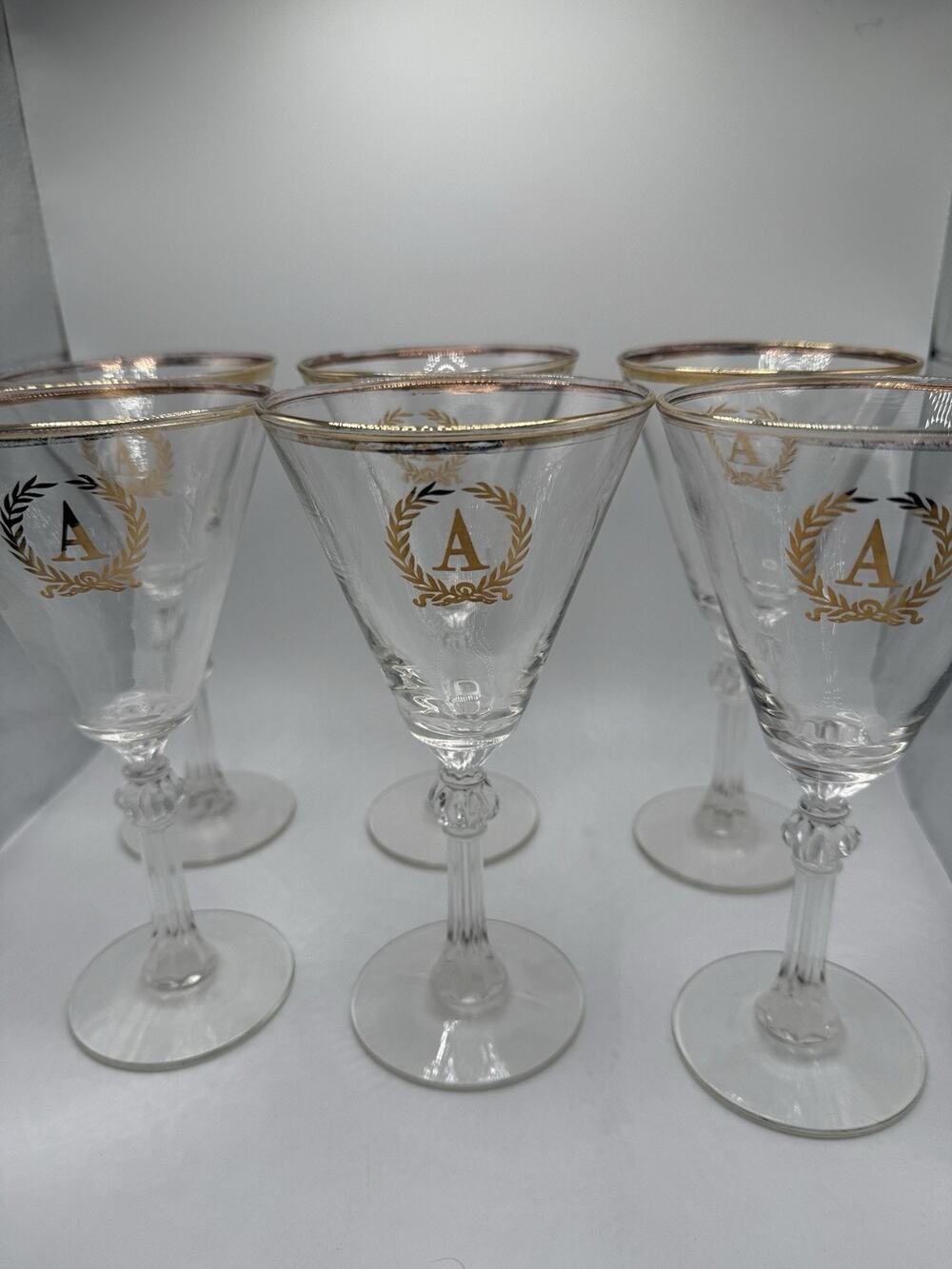 Vintage Crystal A Monogram Initial Gold Gilded Goblet Wine Glasses Set of 6
